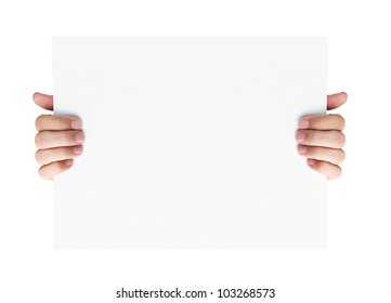Human hands holding blank advertising card isolated on white background