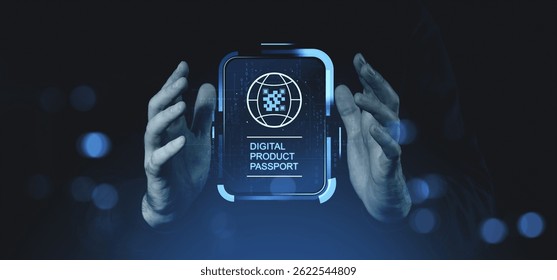 Human hands holding a glowing digital product passport icon, futuristic tech style, dark background, concept of traceability and innovation