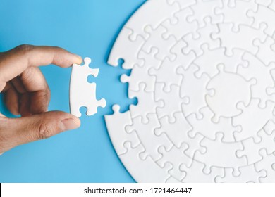 Human Hands Holding Jigsaw  With Word Problem & Solution.  Symbol Of Association And Connection. Business Strategy.