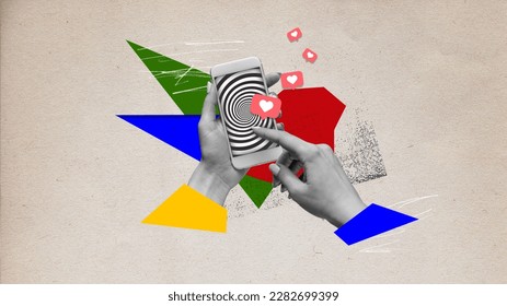 Human hands holding mobile phone with hypnotic screen. Many social media likes. Popularity and internet addiction. Contemporary art collage. Creative design. Concept of modern technologies, surrealism - Shutterstock ID 2282699399