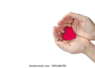 Human Hands Holding A Red Hearth. Woman Hands Isolated On White Background Top View. Valentine Concept. Valentines Day, Romantic Holiday Copy Space Space For Text