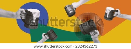 Human hands holding wooden, vintage beer mugs over multicolored background. Contemporary art collage. Concept of alcohol drink, oktoberfest, taste, party, festival and leisure time