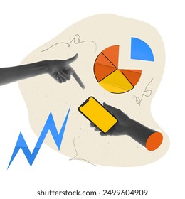 Human hands interacting with mobile phone and multicolored pie chart. Performance metrics, segmentation and targeting, analytics. Contemporary art collage. Concept of digital marketing, business - Powered by Shutterstock