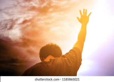 Human hands open palm up worship. Eucharist Therapy Bless God Helping Repent Catholic Easter Lent Mind Pray. Christian Religion concept background. fighting and victory for god - Shutterstock ID 1185865021