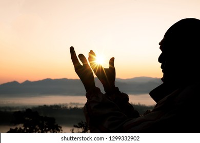 Human hands open palm up worship. Eucharist Therapy Bless God Helping Repent Catholic Easter Lent Mind Pray. Christian Religion concept background. fighting and victory for god - Shutterstock ID 1299332902