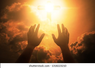 Human hands open palm up worship. Eucharist Therapy Bless God Helping Repent Catholic Easter Lent Mind Pray. Christian Religion concept background. fighting and victory for god