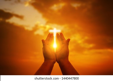 Human hands open palm up worship. Eucharist Therapy Bless God Helping Repent Catholic Easter Lent Mind Pray. Christian Religion concept background.Fighting and victory for god.people prayer at sunset