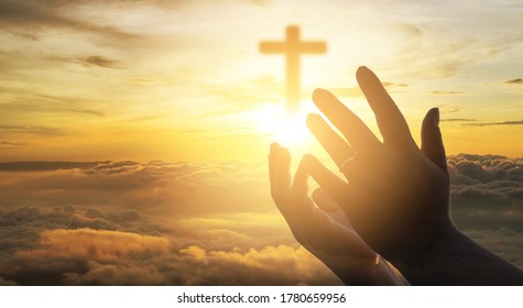 Human hands open palm up worship cross sign. Eucharist Therapy Bless God Helping Repent Catholic Easter Lent Mind Pray. Christian Religion concept background. fighting and victory for god. sea fog