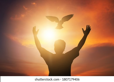 Human hands open palm up worship. Eucharist Therapy Bless God Helping Repent Catholic Easter Lent Mind Pray. Christian Religion concept background. fighting and victory for god, Man freedom with dove.