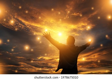 Human hands open palm up worship. Eucharist Therapy Bless God Helping Repent Catholic Easter Lent Mind Pray. Christian Religion concept background. fighting and victory for god. Freedom man concept.