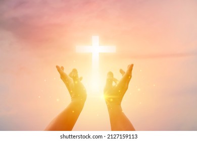 Human Hands Open Palm Up Worship. Eucharist Therapy Bless God Helping Repent Catholic Easter Lent Mind Pray. Christian Concept Background.