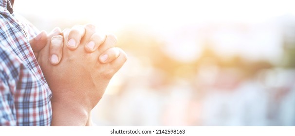 Human hands open palm up worship Praying with faith and belief in God of an appeal to the sky. Concept Religion and spirituality with believe Power of hope or love and devotion. filler tone vintage. - Shutterstock ID 2142598163