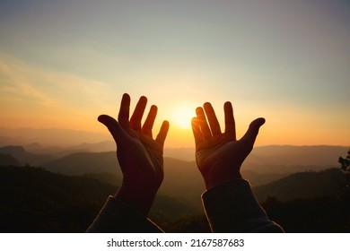 Human hands open palm up worship. Eucharist Therapy Bless God Helping Repent Catholic Easter Lent Mind Pray. Christian Religion concept background. fighting and victory for god - Shutterstock ID 2167587683