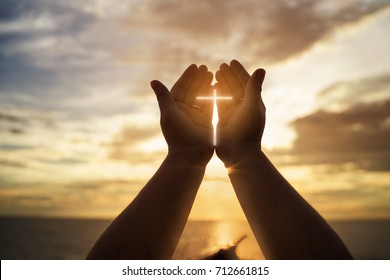 Human hands open palm up worship. Eucharist Therapy Bless God Helping Repent Catholic Easter Lent Mind Pray. Christian concept background. - Shutterstock ID 712661815