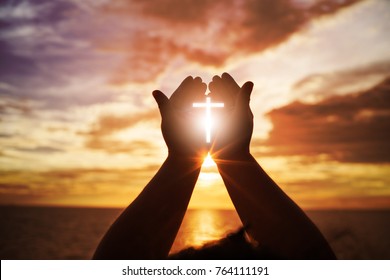 Human hands open palm up worship. Eucharist Therapy Bless God Helping Repent Catholic Easter Lent Mind Pray. Christian Religion concept background. fighting and victory for god - Shutterstock ID 764111191