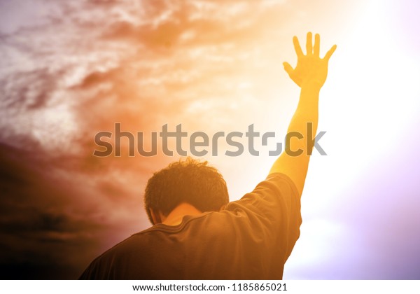 Human hands open\
palm up worship. Eucharist Therapy Bless God Helping Repent\
Catholic Easter Lent Mind Pray. Christian Religion concept\
background. fighting and victory for\
god