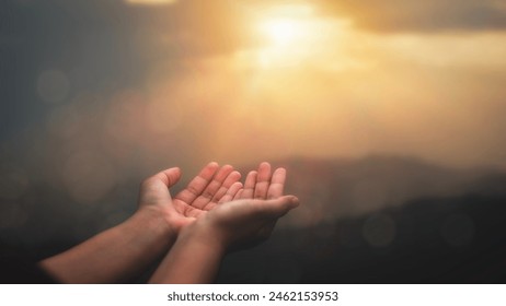 Human hands open palms in worship Belief in God, repentance, prayer, Christian religion concept. Fighting and Victory for God