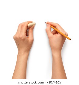 human hands with pencil and erase rubber writting something
