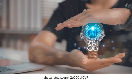 Human hands protect a glowing light bulb with AI circuit and gear symbols, symbolizing innovation, machine learning, and future technology concept.