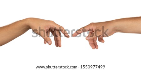Human hands pulling one to another isolated on white, high resolution. Creation of life style