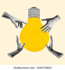 Human hands reach for a brilliant idea looks like lightbulb, contemporary collage. Teamwork, business, collaboration, problem solving, brainstorm concept.  - Shutterstock ID 2102735815