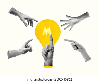 Human hands reach for a brilliant idea generated by the most talented and point to lightbulb, contemporary collage. Teamwork, business, collaboration, problem solving, brainstorm concept. 