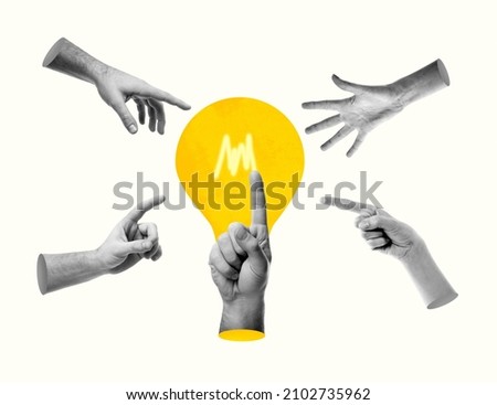Human hands reach for a brilliant idea generated by the most talented and point to lightbulb, contemporary collage. Teamwork, business, collaboration, problem solving, brainstorm concept. 