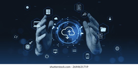 Human hands surrounding digital cloud computing icons in a modern holographic style on a dark blue background, symbolizing digital storage and security