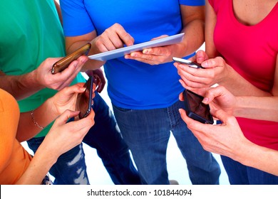 Human Hands With Tablet Computer And A Smartphone. Technology.