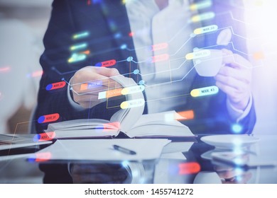 Human hands with tech theme double exposure drawings.