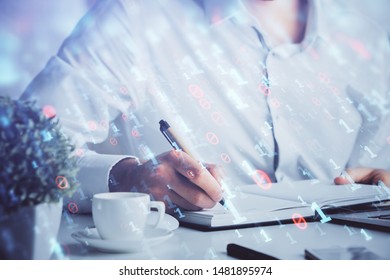 Human hands with tech theme double exposure drawings.