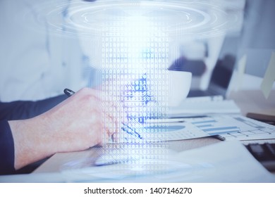 Human hands with tech theme multi exposure drawings.