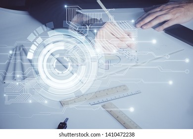 Human hands with tech theme multi exposure drawings.