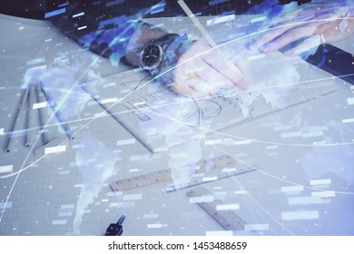 Human hands with tech theme multi exposure drawings.