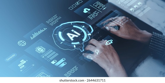 Human hands typing on keyboard with glowing AI icons and data charts overlay, futuristic style, blue gradient background, concept of automating business