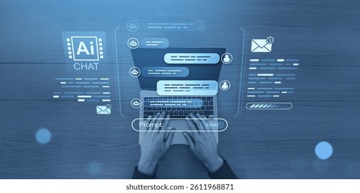 Human hands typing on laptop with floating chatbot UI elements, futuristic digital style, on a wooden desk background, concept of AI chat interaction