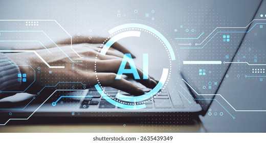 Human hands typing on laptop keyboard with glowing AI interface overlay, futuristic digital background, concept of artificial intelligence and tech