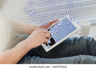 Human hands using digital tablet