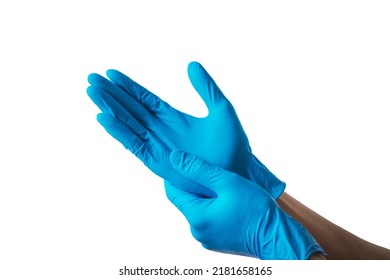 Human Hands Wearing Variation Of Latex Glove, Medical Rubber Glove Isolated On White Background.