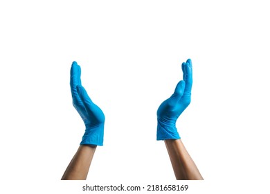 Human Hands Wearing Variation Of Latex Glove, Medical Rubber Glove Isolated On White Background.