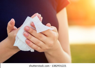 Human Hands Wipe With A Wet Napkin Body Part