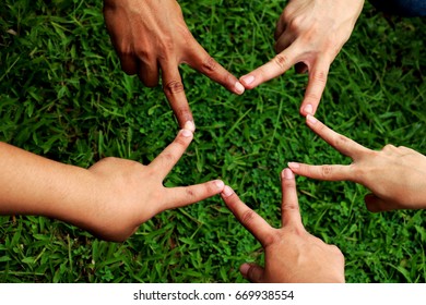 Human hands.Group of People's hands together.They are joy hands on green greensward.Photo concept community collaboration and together. - Shutterstock ID 669938554