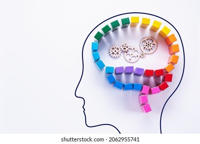 Human Head With Abstract Colorful Human Brain, Creative Concept. Rational Thinking, Information Processing, Creative Concept. Top View, Flat Lay.