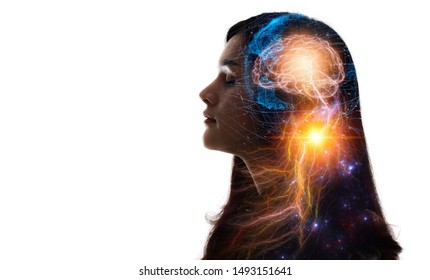 Menschlicher Kopf und Gehirn. Künstliche Intelligenz, AI-Technologie, Denkkonzept.