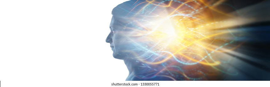Human head isolated on white and moving lights in background. Concept on business, science, technology, education, medicine, religion  etc. Universal idea for your design. - Shutterstock ID 1330055771