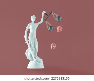 Human heart and brain falling out of scales of pastel white statue of Lady Justice on isolated maroon background. Abstract concept of law, anger, injustice. A symbol of the power of justice.