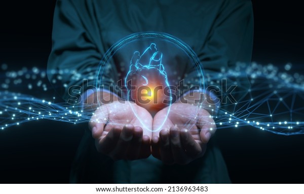 Human heart hologram user interface screen\
infographic, Artificial intelligence AI assistance with, Medical\
healthcare technology concept of doctor surgeon holding human\
heart, futuristic 3d\
rendering