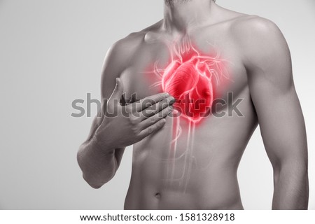 Human heart, man holding his hand in the area of chest