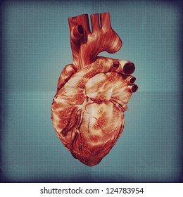 Human heart vintage blueprint. Grunge medical backgrounds