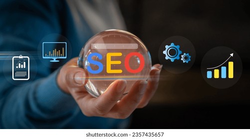 Human holding with Search engine optimization SEO networking concept, Searching browsing Internet data Information, Marketing, website, analysis, traffic ranking, optimization website